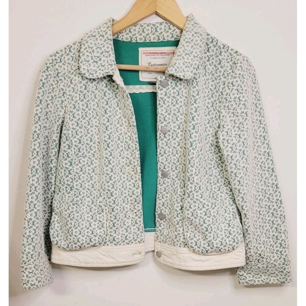 Anthropologie Cartonnier Women's Medium Denim‎ Jacket Lace Ivory Green Trucker